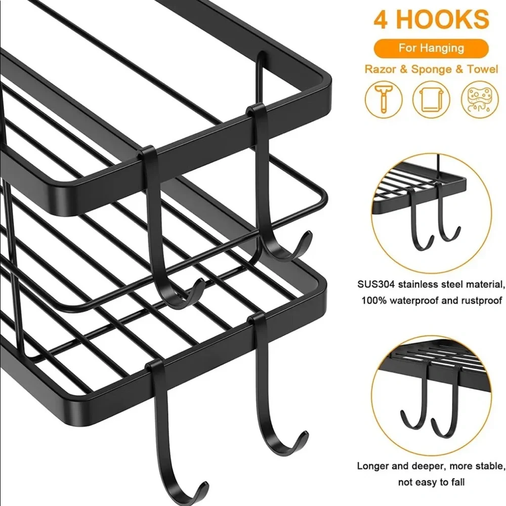 Large Shower Caddy Basket Shelf, 2 Pack Bathroom Storage Organizer with 4 Hooks